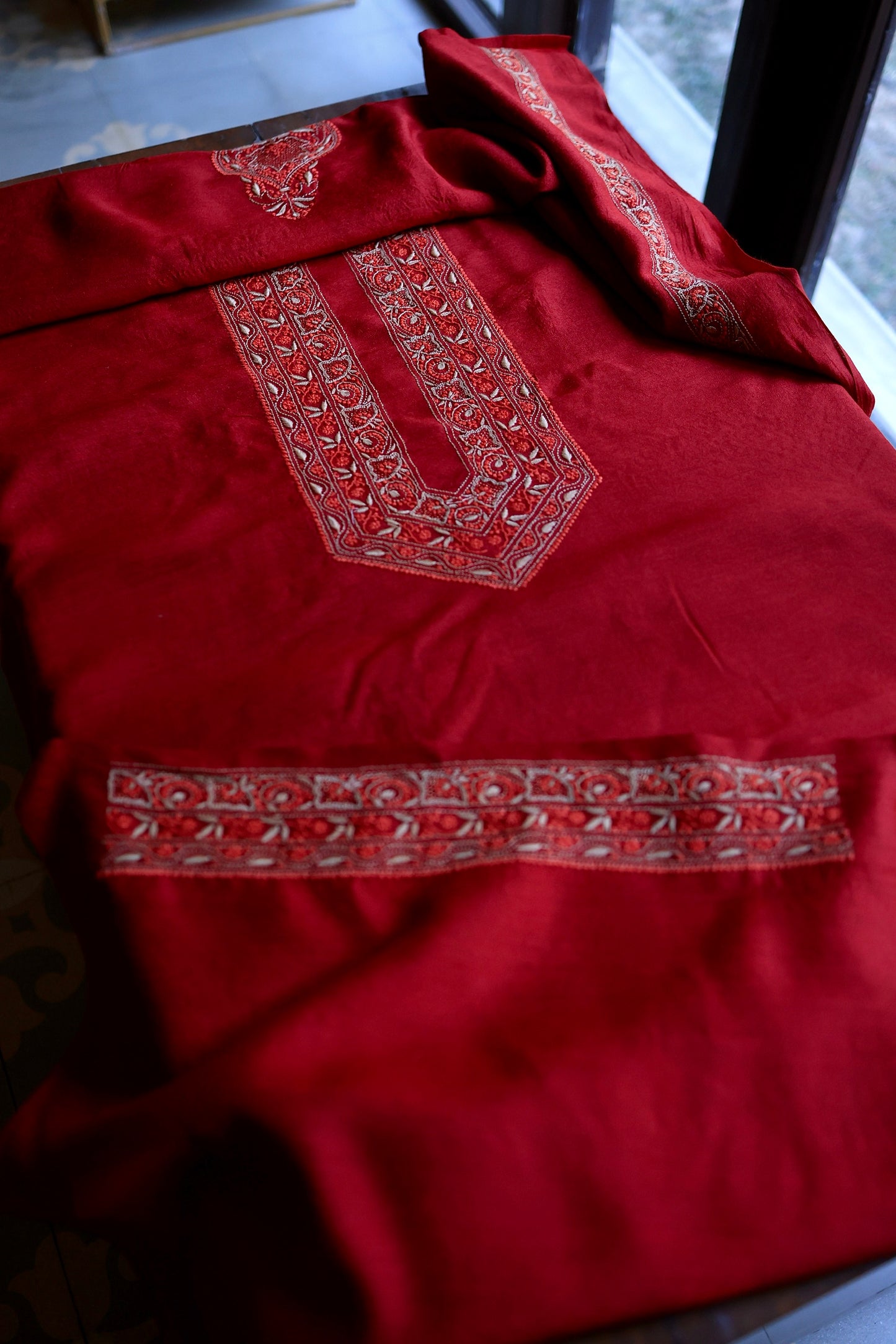 Cherry Red Moonga Silk Chikankari Men’s Kurta Fabric