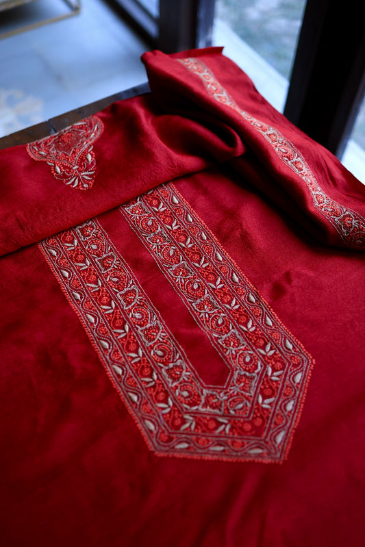 Cherry Red Moonga Silk Chikankari Men’s Kurta Fabric