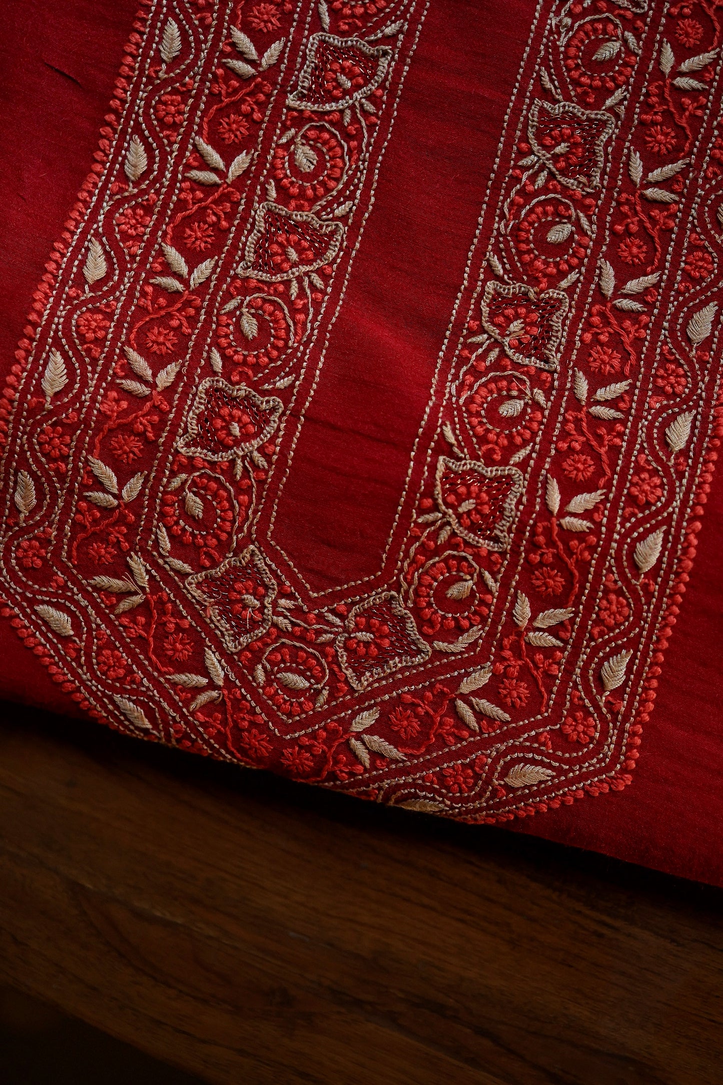 Cherry Red Moonga Silk Chikankari Men’s Kurta Fabric