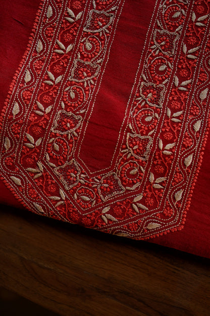 Cherry Red Moonga Silk Chikankari Men’s Kurta Fabric