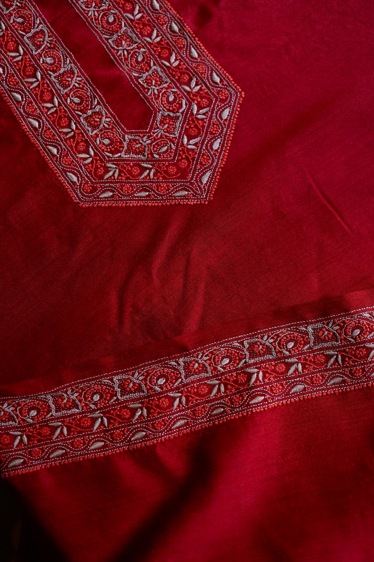 Cherry Red Moonga Silk Chikankari Men’s Kurta Fabric