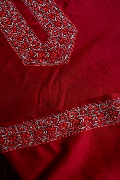 Cherry Red Moonga Silk Chikankari Men’s Kurta Fabric