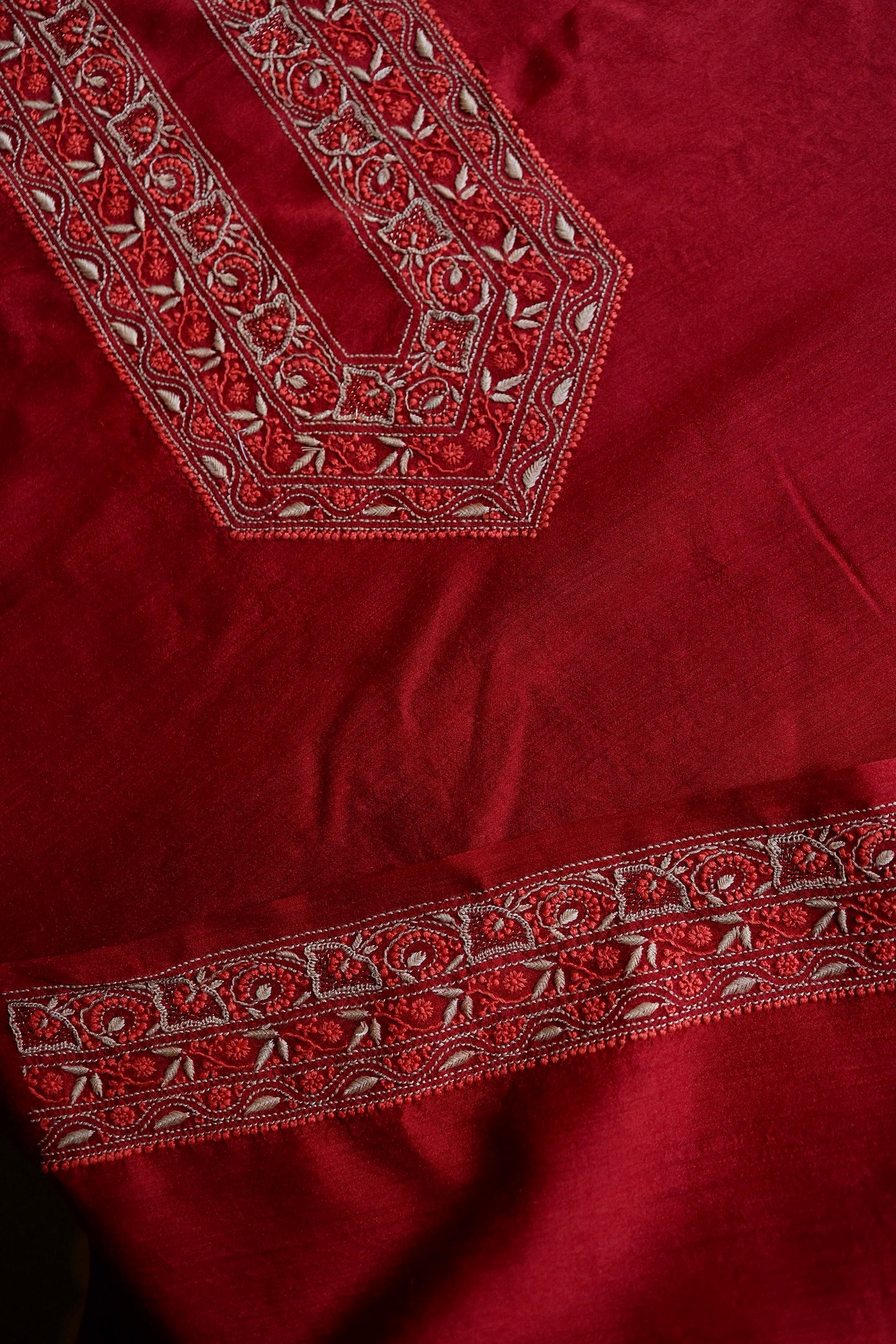 Cherry Red Moonga Silk Chikankari Men’s Kurta Fabric
