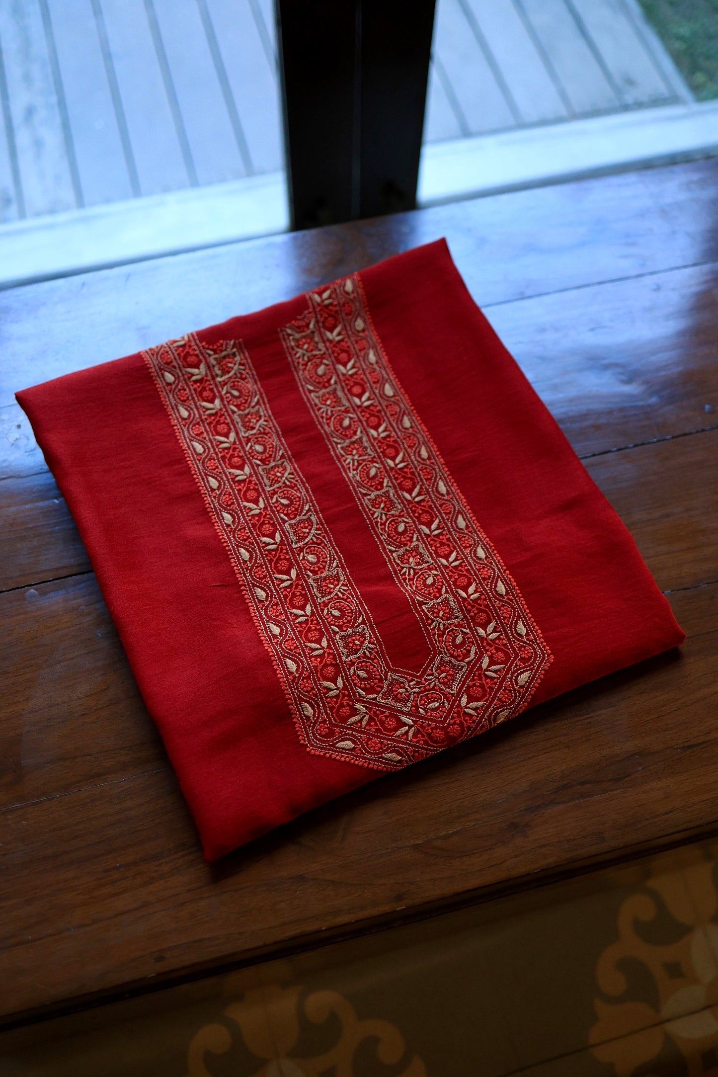 Cherry Red Moonga Silk Chikankari Men’s Kurta Fabric