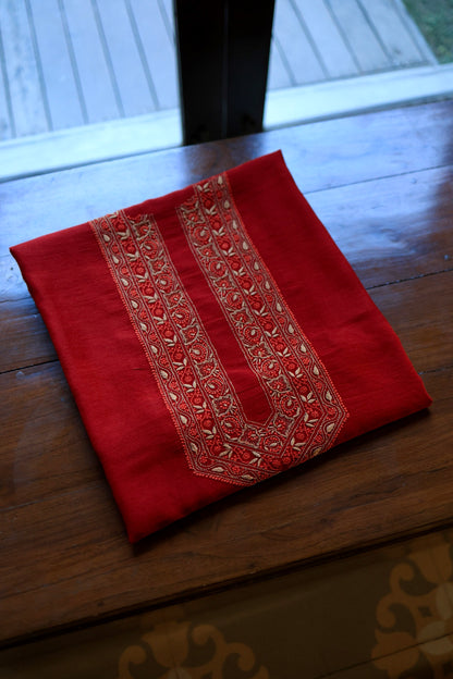 Cherry Red Moonga Silk Chikankari Men’s Kurta Fabric