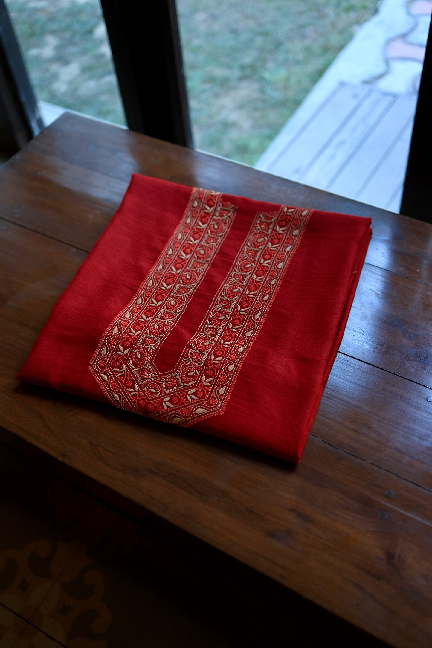 Cherry Red Moonga Silk Chikankari Men’s Kurta Fabric
