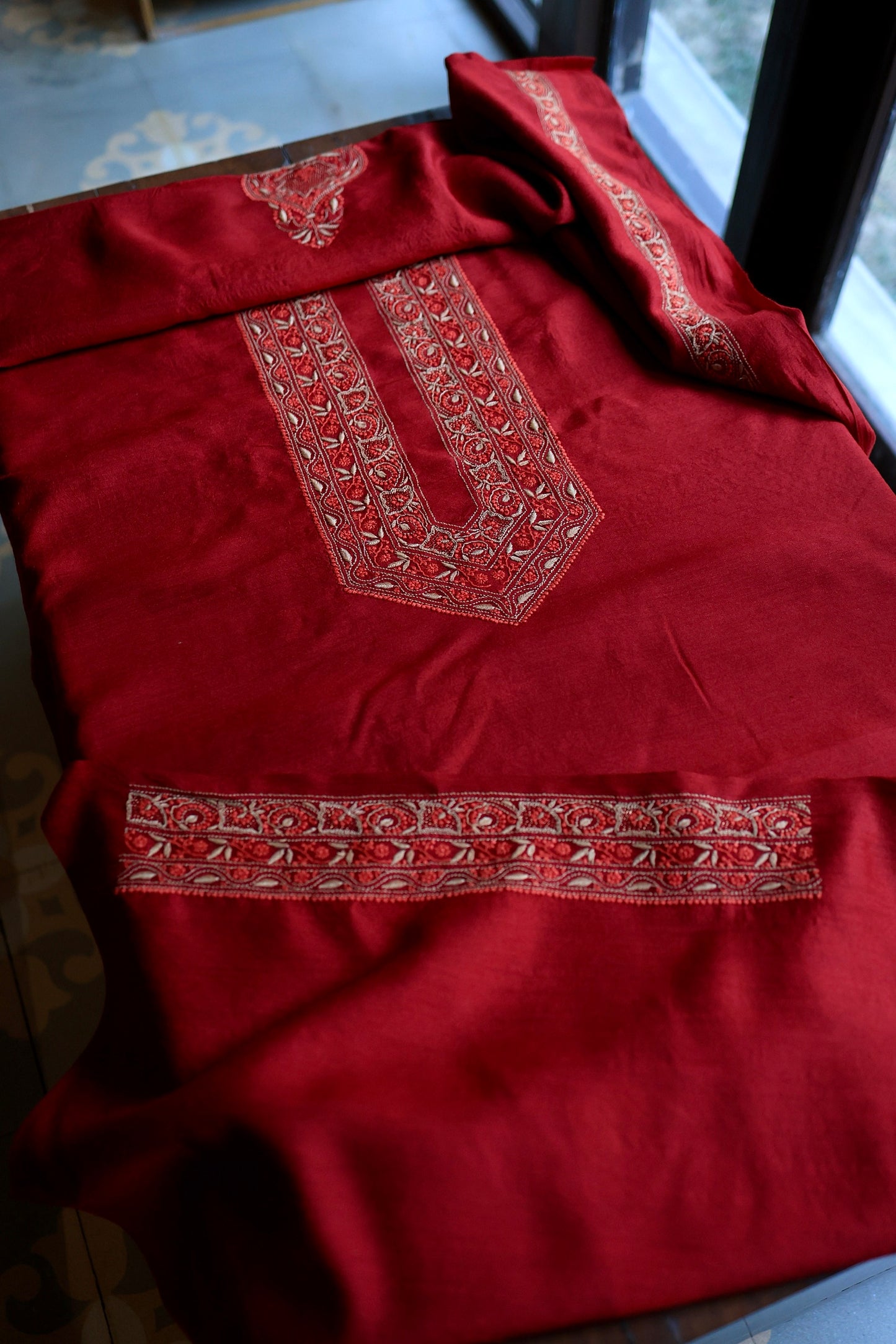 Cherry Red Moonga Silk Chikankari Men’s Kurta Fabric