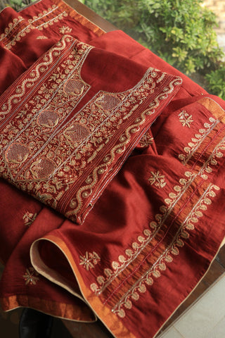 Cherry Red Shade Moonga Silk Chikankari Unstitched Fabric