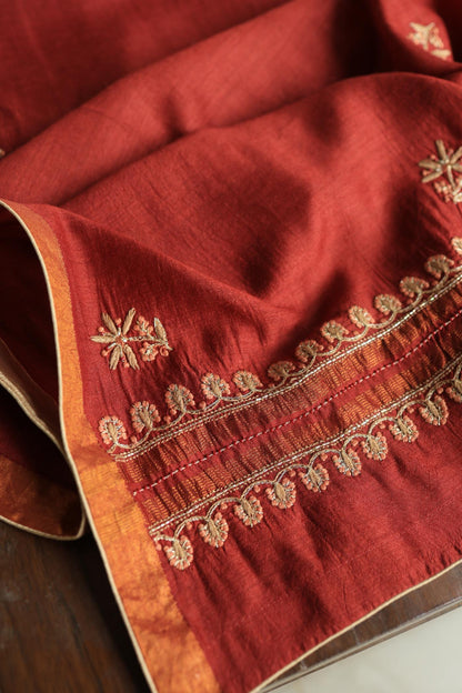 Cherry Red Shade Moonga Silk Chikankari Unstitched Fabric