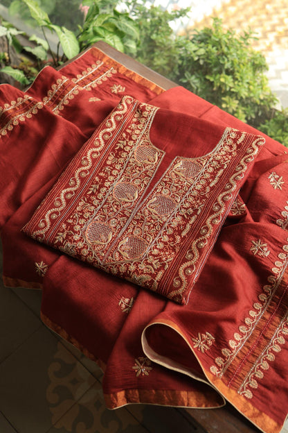 Cherry Red Shade Moonga Silk Chikankari Unstitched Fabric