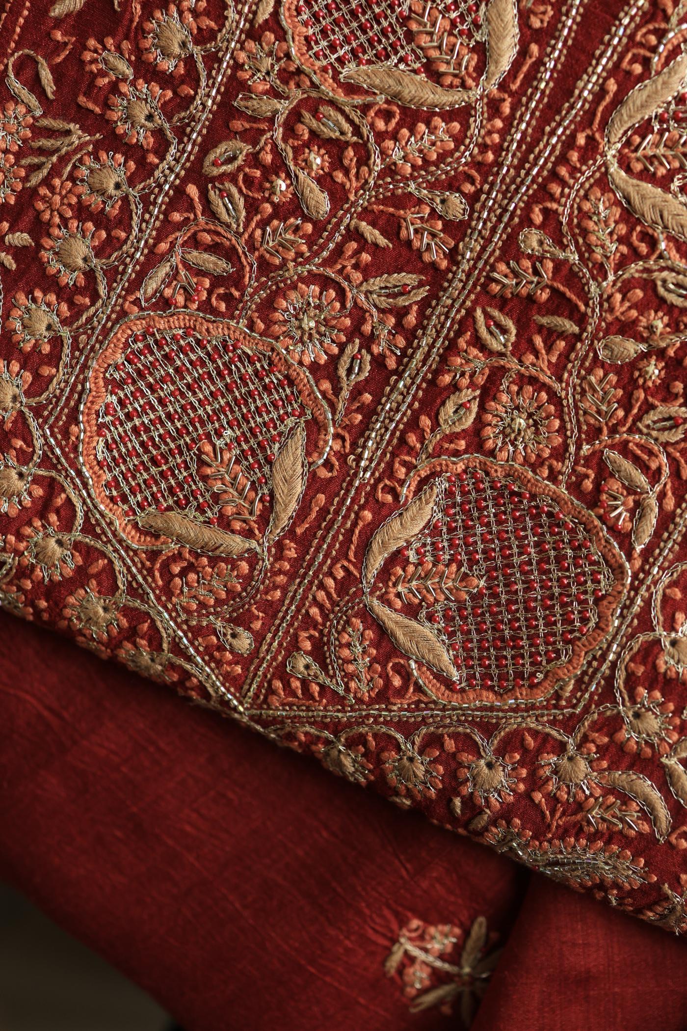 Cherry Red Shade Moonga Silk Chikankari Unstitched Fabric