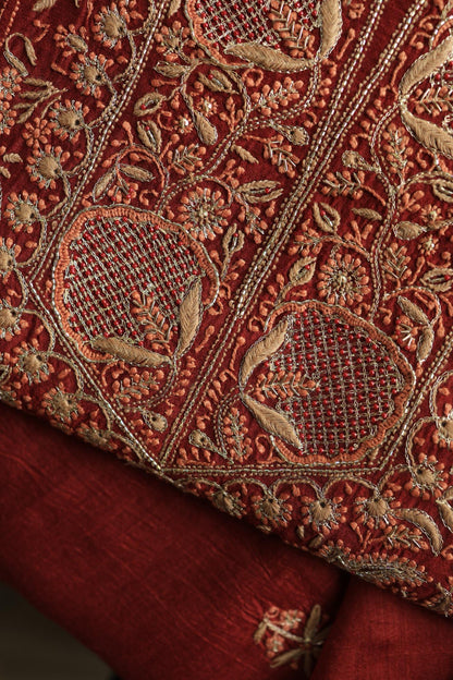 Cherry Red Shade Moonga Silk Chikankari Unstitched Fabric
