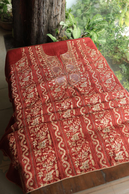 Cherry Red Shade Moonga Silk Chikankari Unstitched Fabric