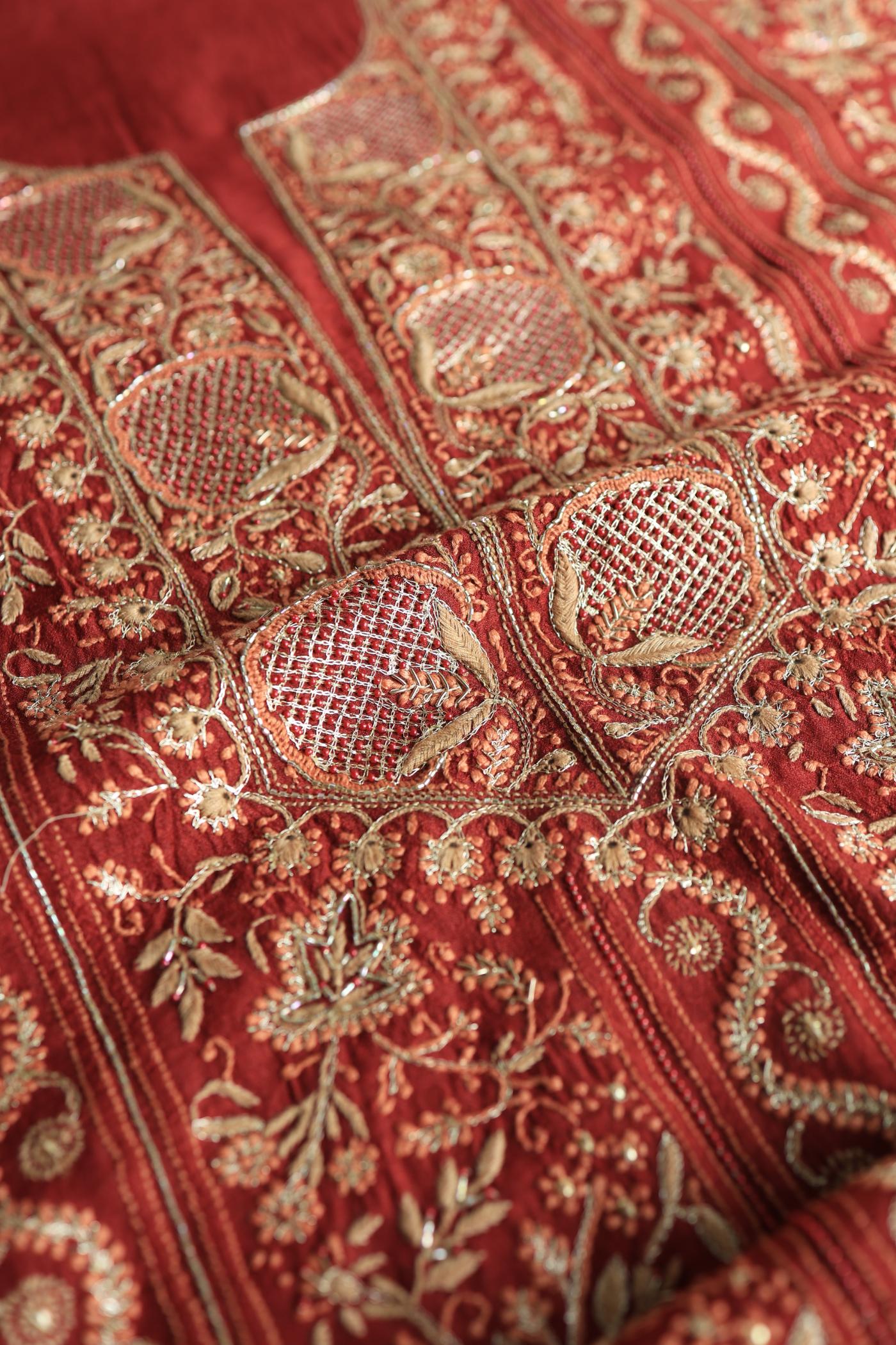 Cherry Red Shade Moonga Silk Chikankari Unstitched Fabric