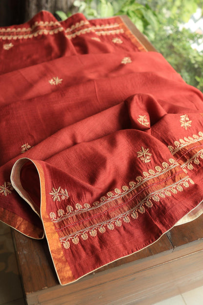 Cherry Red Shade Moonga Silk Chikankari Unstitched Fabric