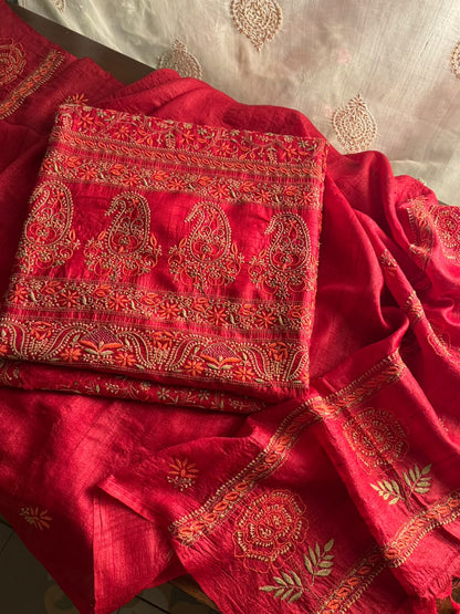 Cherry Red Tussar Silk Unstitched Kurta Dupatta Set with Multicolour Chikankari Embroidery