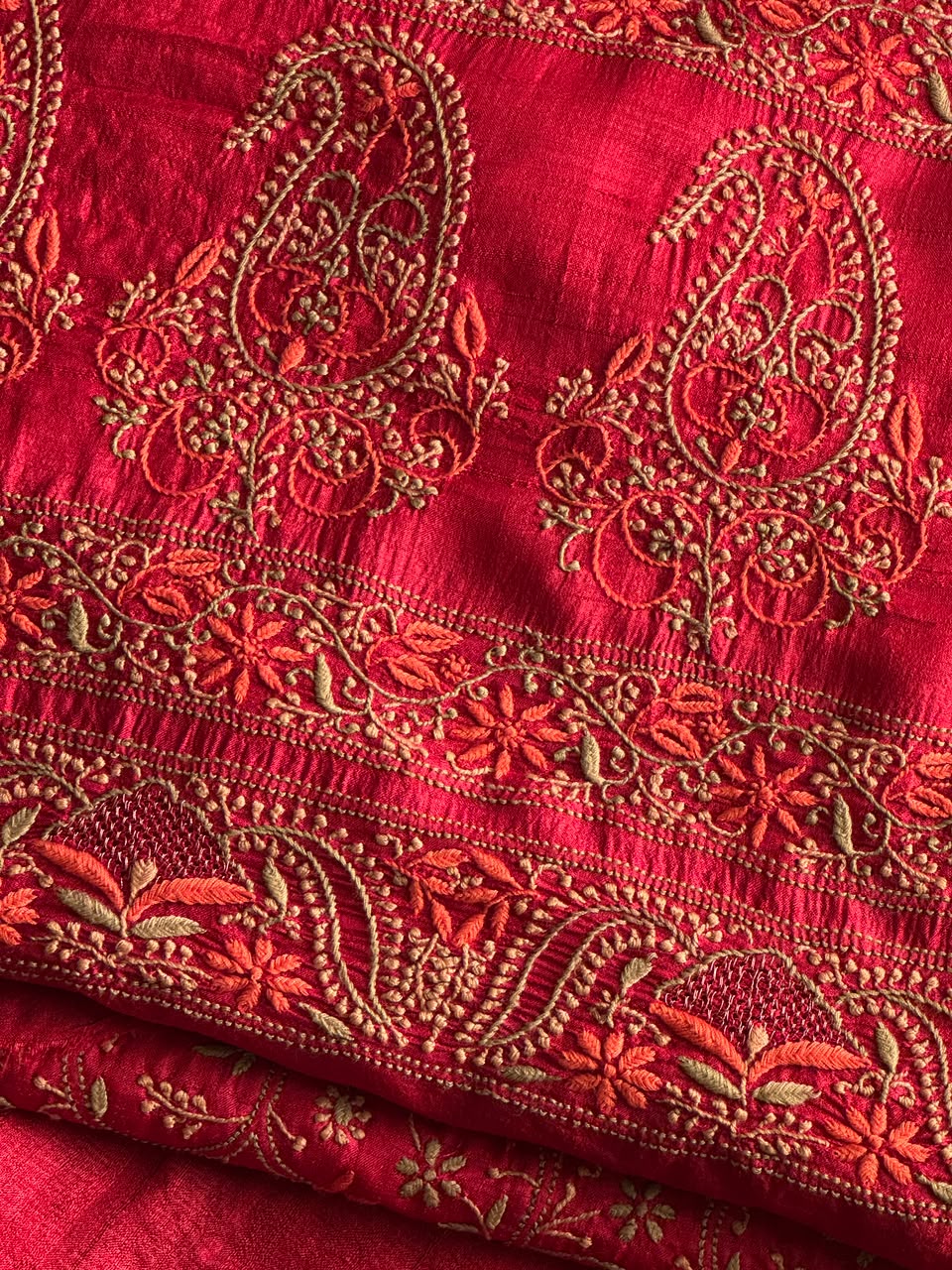 Cherry Red Tussar Silk Unstitched Kurta Dupatta Set with Multicolour Chikankari Embroidery