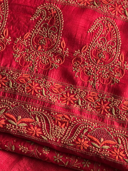 Cherry Red Tussar Silk Unstitched Kurta Dupatta Set with Multicolour Chikankari Embroidery