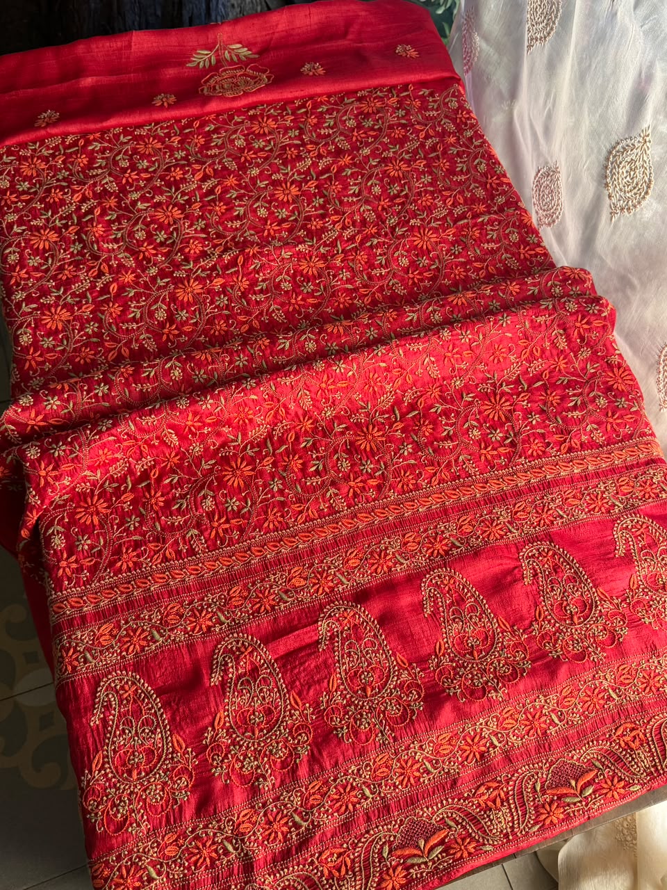 Cherry Red Tussar Silk Unstitched Kurta Dupatta Set with Multicolour Chikankari Embroidery