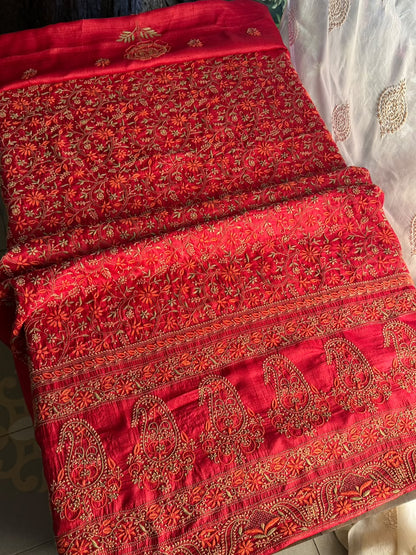 Cherry Red Tussar Silk Unstitched Kurta Dupatta Set with Multicolour Chikankari Embroidery