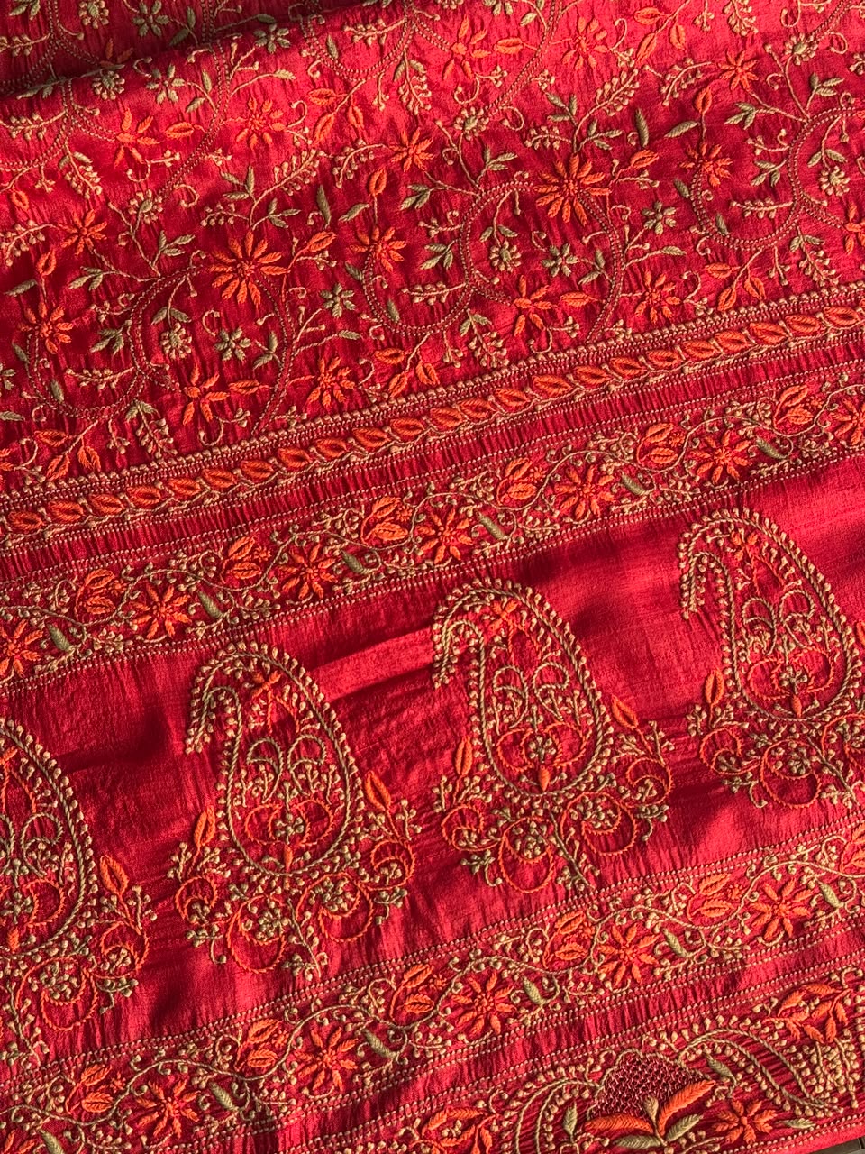 Cherry Red Tussar Silk Unstitched Kurta Dupatta Set with Multicolour Chikankari Embroidery