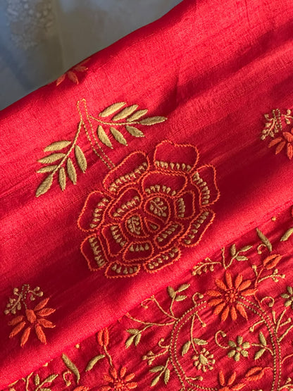 Cherry Red Tussar Silk Unstitched Kurta Dupatta Set with Multicolour Chikankari Embroidery