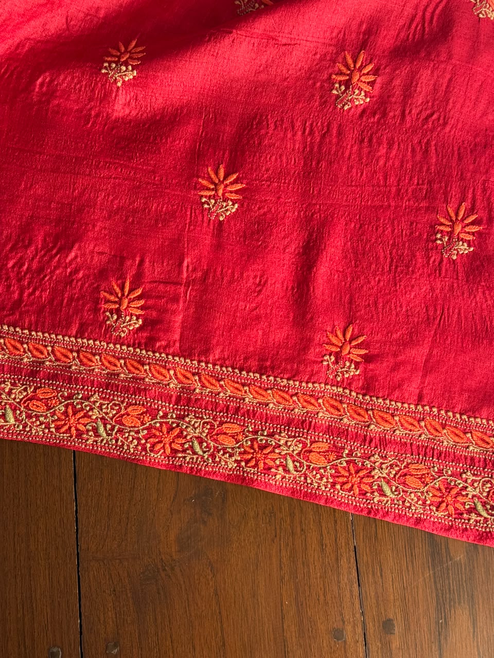 Cherry Red Tussar Silk Unstitched Kurta Dupatta Set with Multicolour Chikankari Embroidery