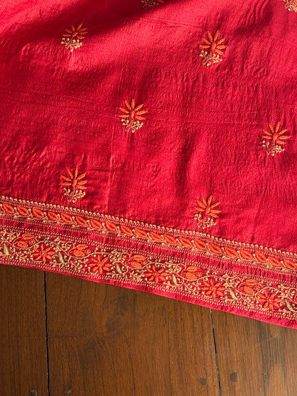 Cherry Red Tussar Silk Unstitched Kurta Dupatta Set with Multicolour Chikankari Embroidery