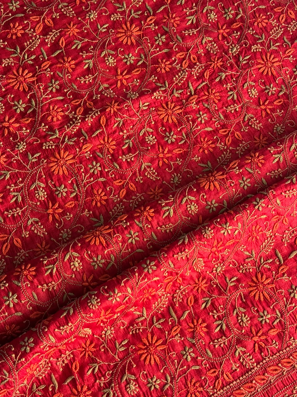 Cherry Red Tussar Silk Unstitched Kurta Dupatta Set with Multicolour Chikankari Embroidery