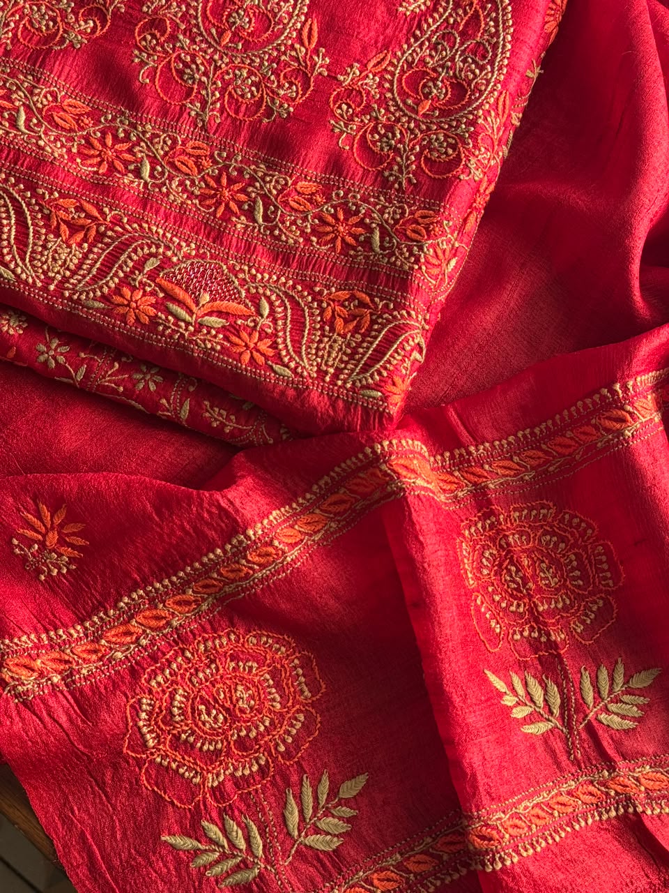 Cherry Red Tussar Silk Unstitched Kurta Dupatta Set with Multicolour Chikankari Embroidery