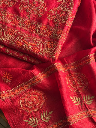 Cherry Red Tussar Silk Unstitched Kurta Dupatta Set with Multicolour Chikankari Embroidery