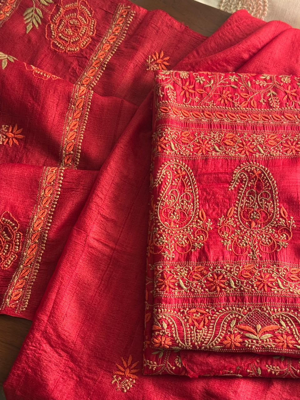 Cherry Red Tussar Silk Unstitched Kurta Dupatta Set with Multicolour Chikankari Embroidery