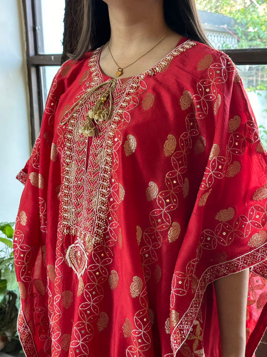 Red Zari Chanderi Chikankari Kaftan