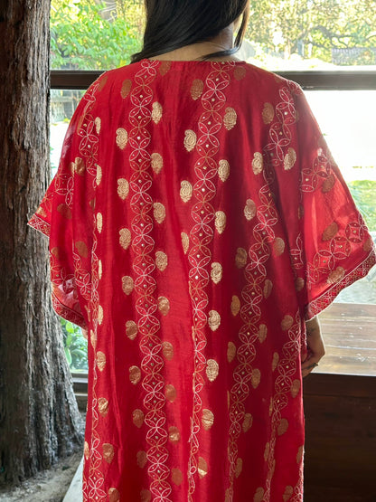 Red Zari Chanderi Chikankari Kaftan