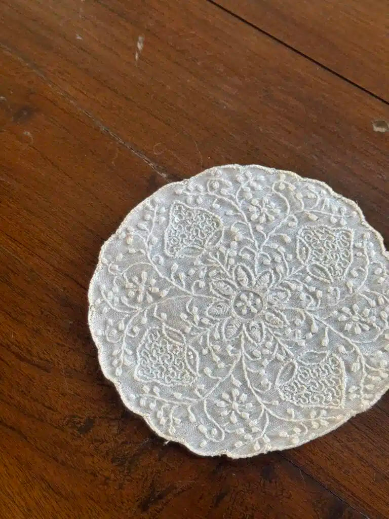 Linen White Chikankari With Sequins Table Coasters (Set of 6 Pcs)