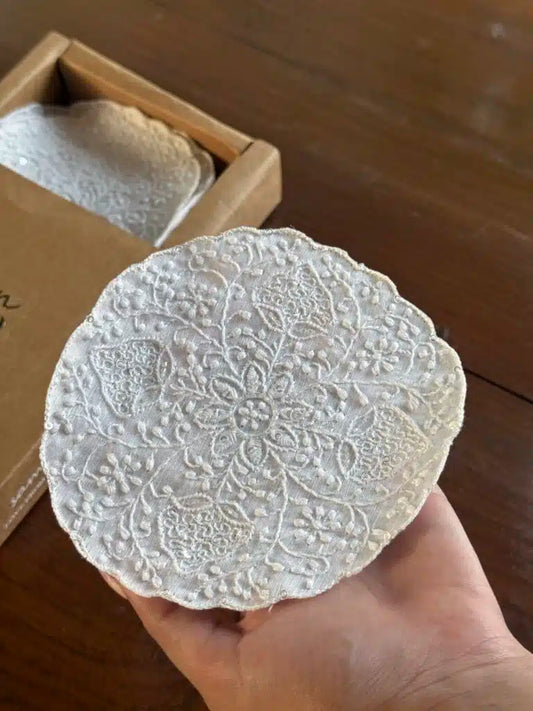 Linen White Chikankari With Sequins Table Coasters (Set of 6 Pcs)