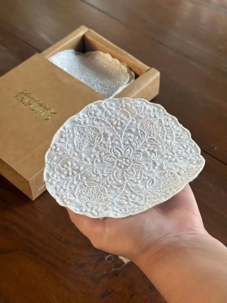 Linen White Chikankari With Sequins Table Coasters (Set of 6 Pcs)