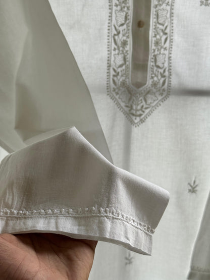 White Fine Chikankari Men's Cotton Kurta