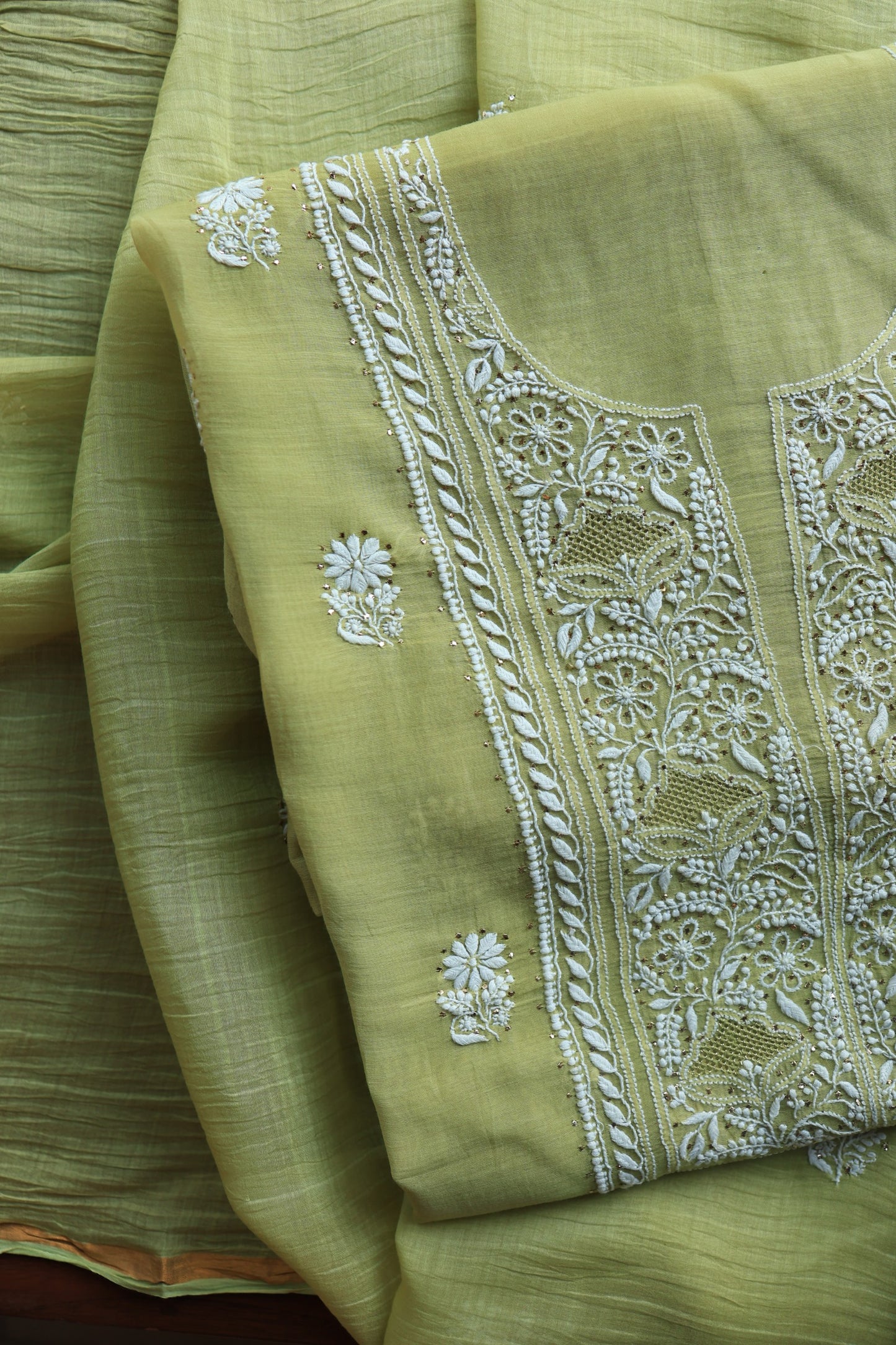 Olive Green Mal Cotton Fine Chikankari With Kamdani Work Unstitched Fabric