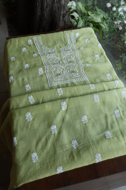 Olive Green Mal Cotton Fine Chikankari With Kamdani Work Unstitched Fabric