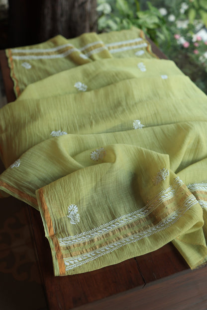 Olive Green Mal Cotton Fine Chikankari With Kamdani Work Unstitched Fabric