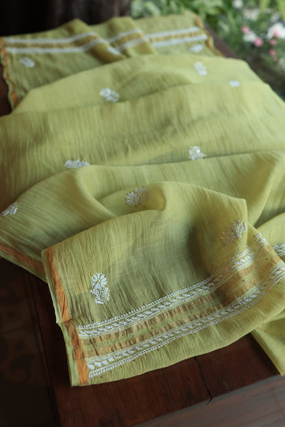 Olive Green Mal Cotton Fine Chikankari With Kamdani Work Unstitched Fabric