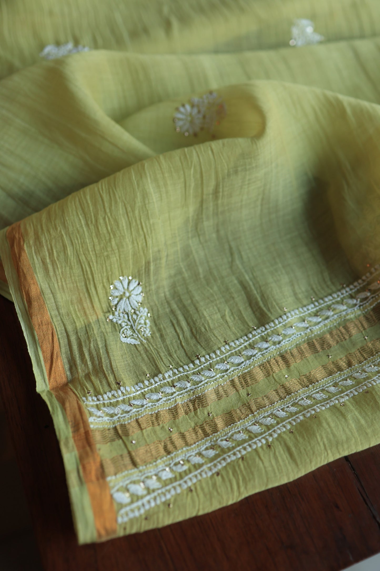 Olive Green Mal Cotton Fine Chikankari With Kamdani Work Unstitched Fabric
