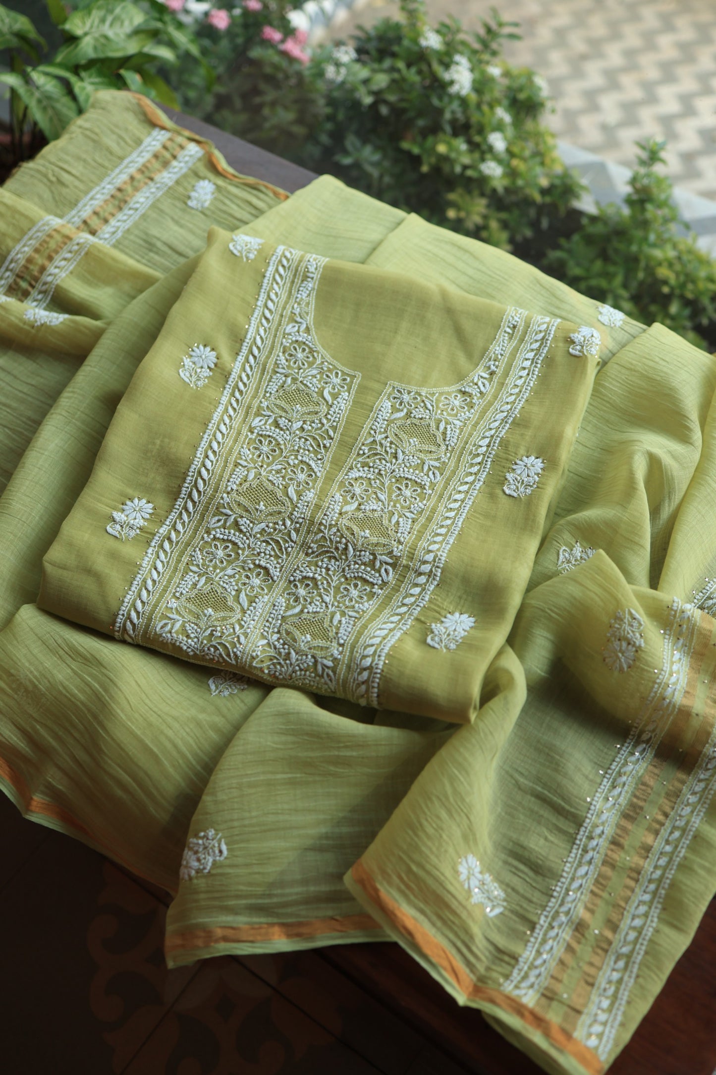 Olive Green Mal Cotton Fine Chikankari With Kamdani Work Unstitched Fabric