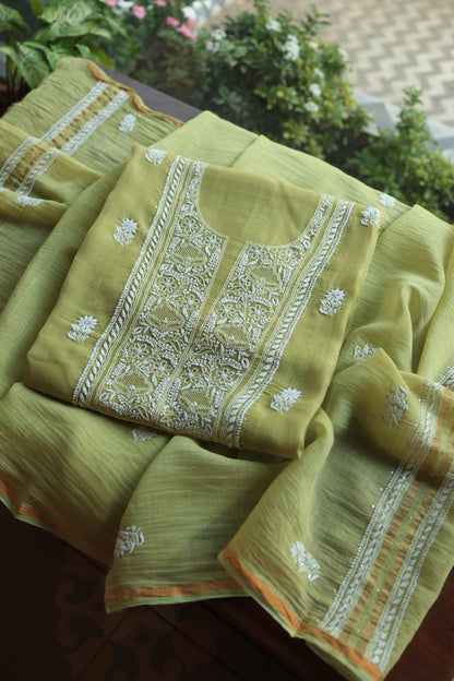 Olive Green Mal Cotton Fine Chikankari With Kamdani Work Unstitched Fabric