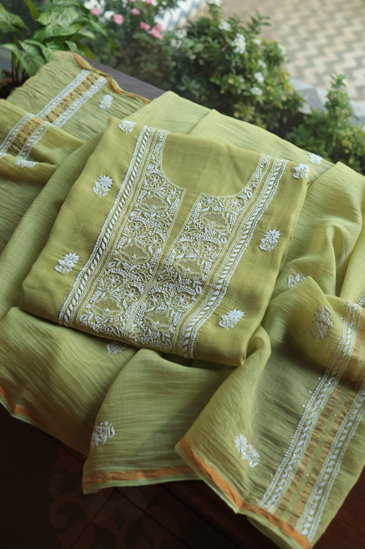 Olive Green Mal Cotton Fine Chikankari With Kamdani Work Unstitched Fabric