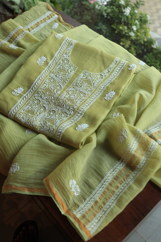 Olive Green Mal Cotton Fine Chikankari With Kamdani Work Unstitched Fabric