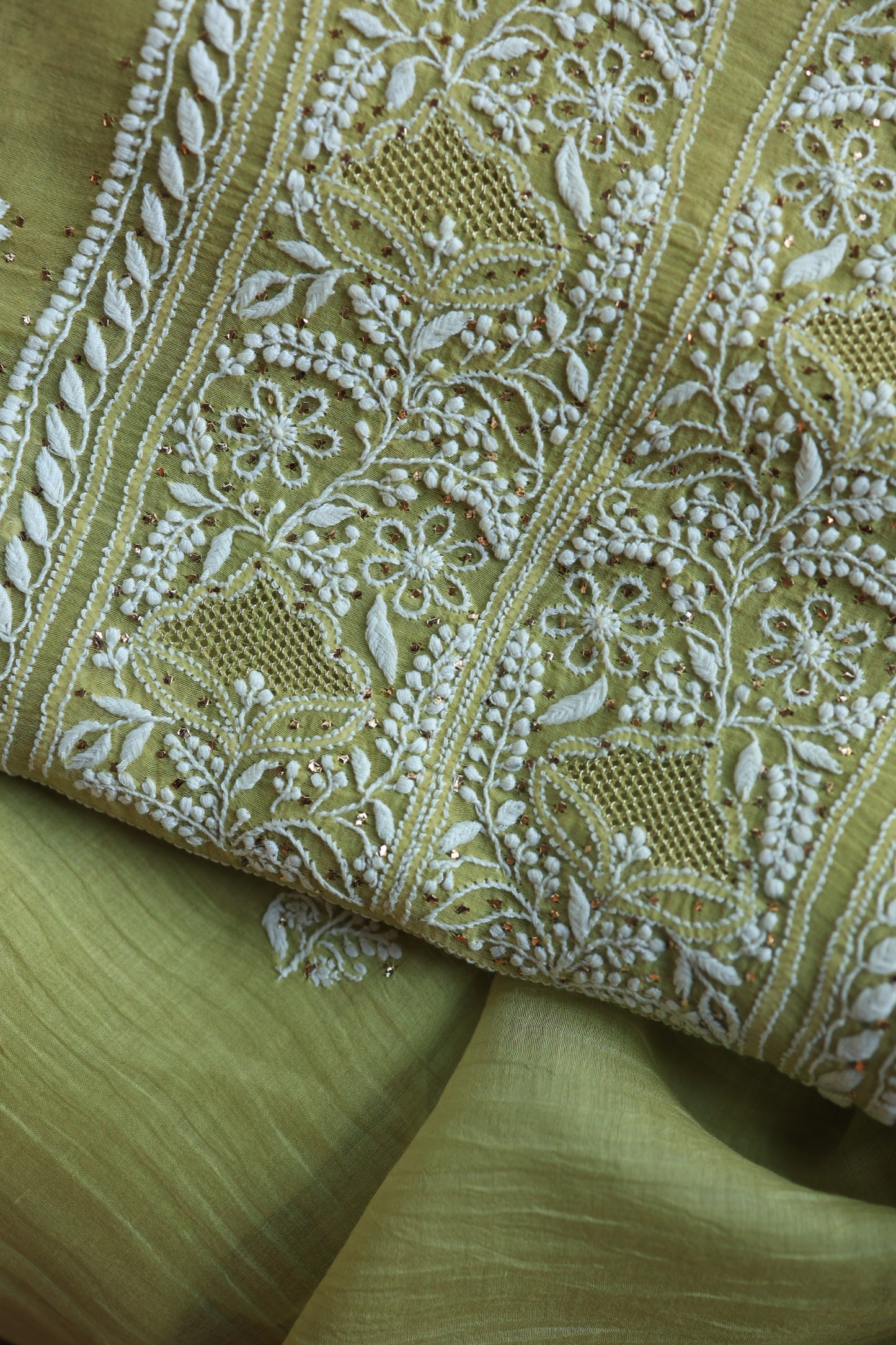 Olive Green Mal Cotton Fine Chikankari With Kamdani Work Unstitched Fabric