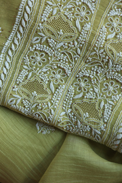 Olive Green Mal Cotton Fine Chikankari With Kamdani Work Unstitched Fabric