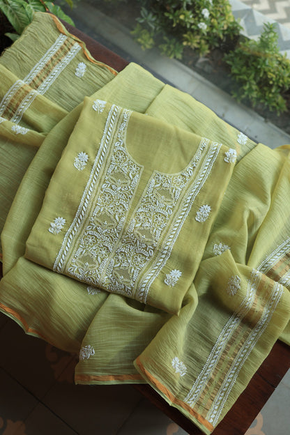 Olive Green Mal Cotton Fine Chikankari With Kamdani Work Unstitched Fabric